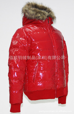 【外貿(mào)原單波點漆皮連帽毛條兩面穿防水保暖羽絨服來板生產(chǎn)加工149】 - 生意地